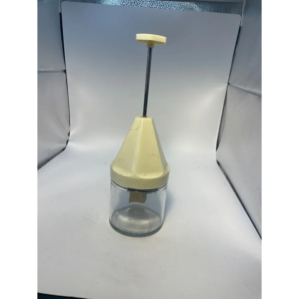 Vintage‎ Gemco Mod Yellow Food Nut Chopper Stainless Steel Blades Glass Jar